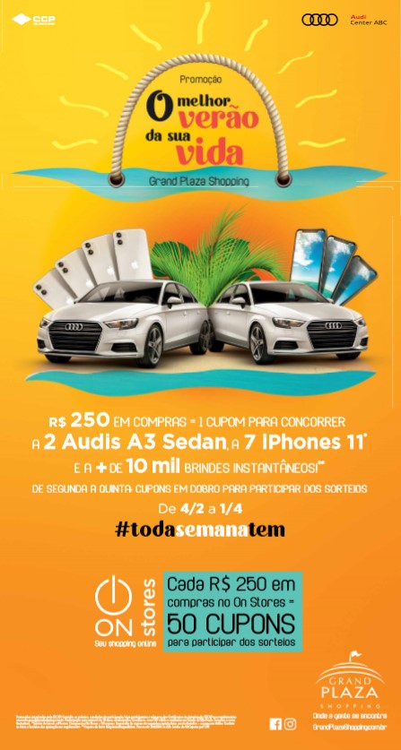 PROMOÇÃO INÉDITA DE VERÃO DO GRAND PLAZA SHOPPING OFERECE OFERTAS E SORTEIO DE CARROS, IPHONES E BRINDES INSTANTÂNEOS