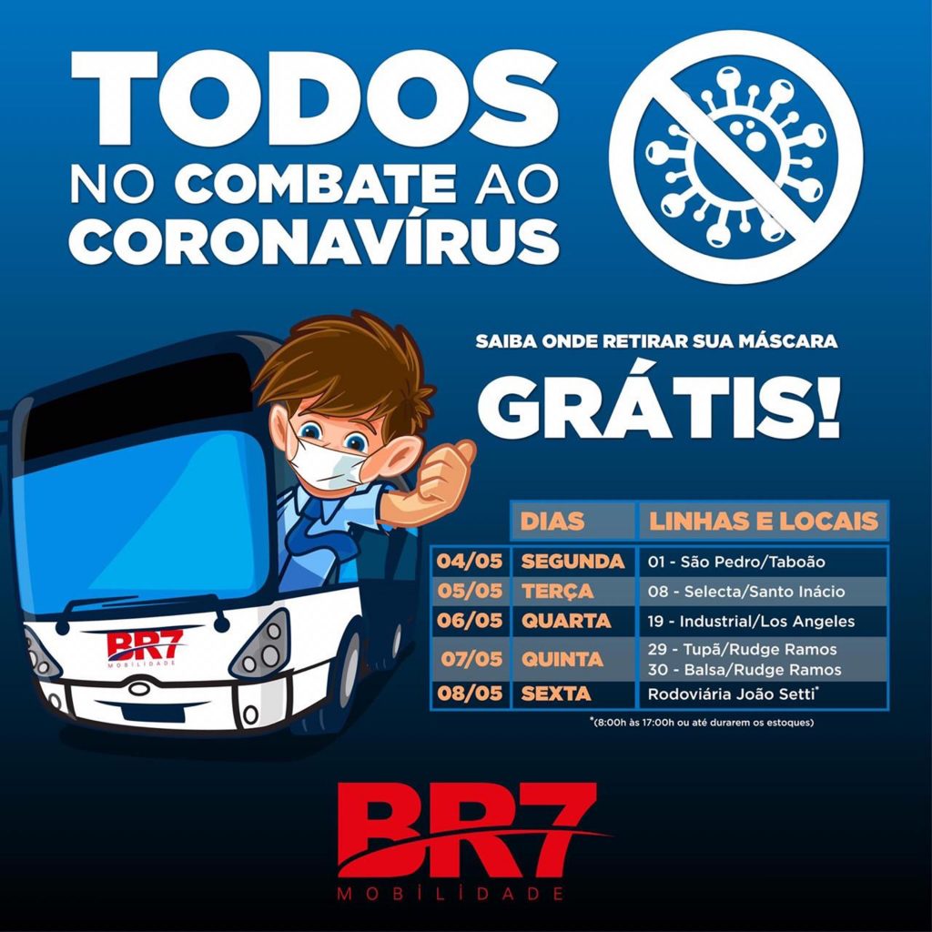 Distribuição gratuita de máscaras acontece, nesta sexta-feira, dia 8 de maio, no terminal rodoviário João Setti