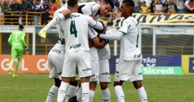 Jogadores do Palmeiras comemoram o gol de Fabinho na partida contra o Mauá, válida pela segunda fase da Copinha Imagem: JORGE BEVILACQUA /ESTADÃO CONTEÚDO