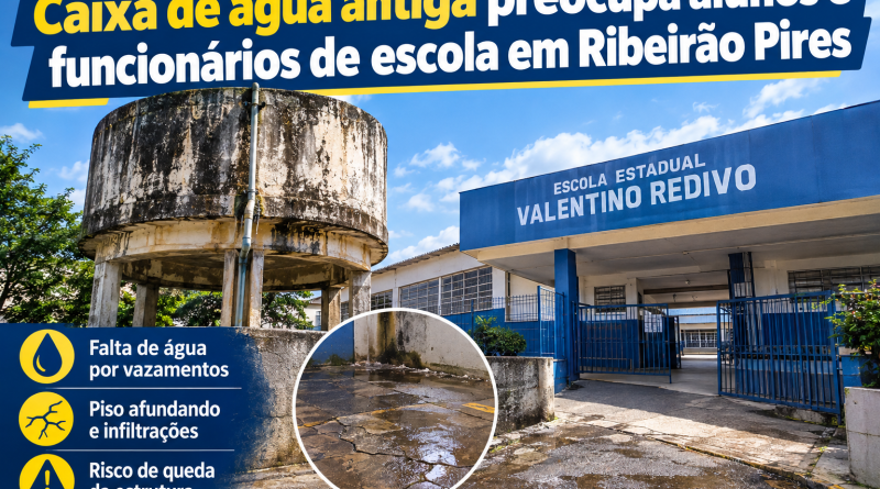 Caixa d’água preocupa alunos e funcionários em uma escola de Ribeirão Pires