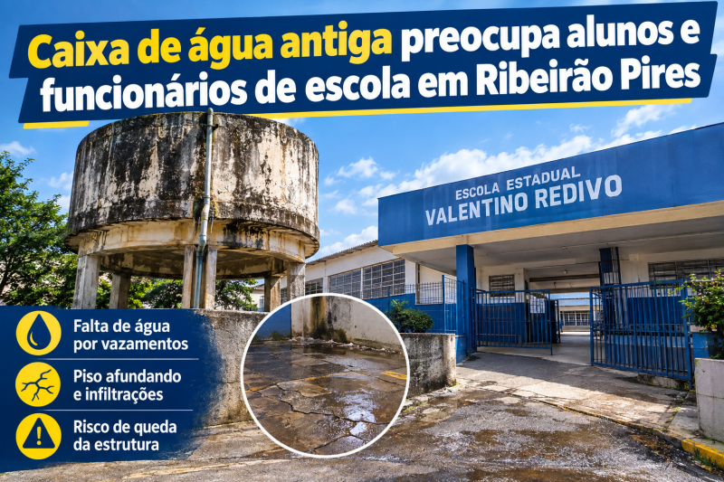 Caixa d’água preocupa alunos e funcionários em uma escola de Ribeirão Pires