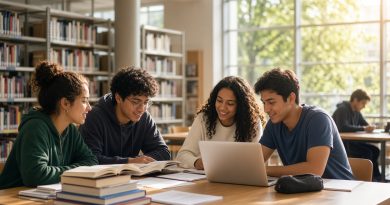 Estudantes universitários em biblioteca com livros e notebooks (imagem ilustrativa)