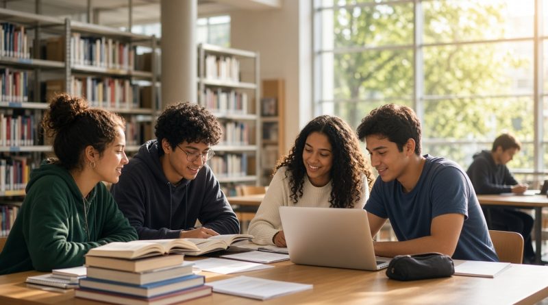 Estudantes universitários em biblioteca com livros e notebooks (imagem ilustrativa)
