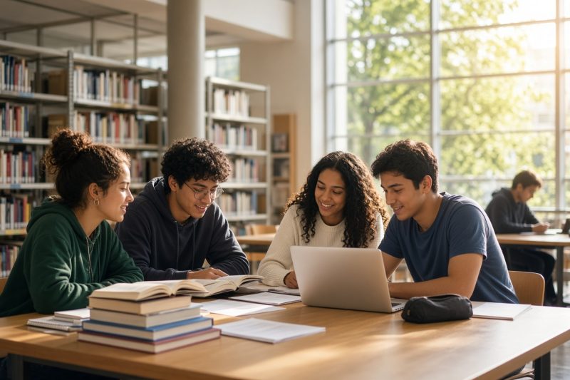 Estudantes universitários em biblioteca com livros e notebooks (imagem ilustrativa)