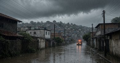 Cidade sob chuva torrencial com ruas alagadas e céu escurecido (imagem ilustrativa)