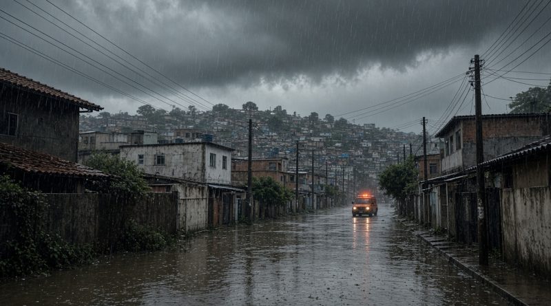 Cidade sob chuva torrencial com ruas alagadas e céu escurecido (imagem ilustrativa)