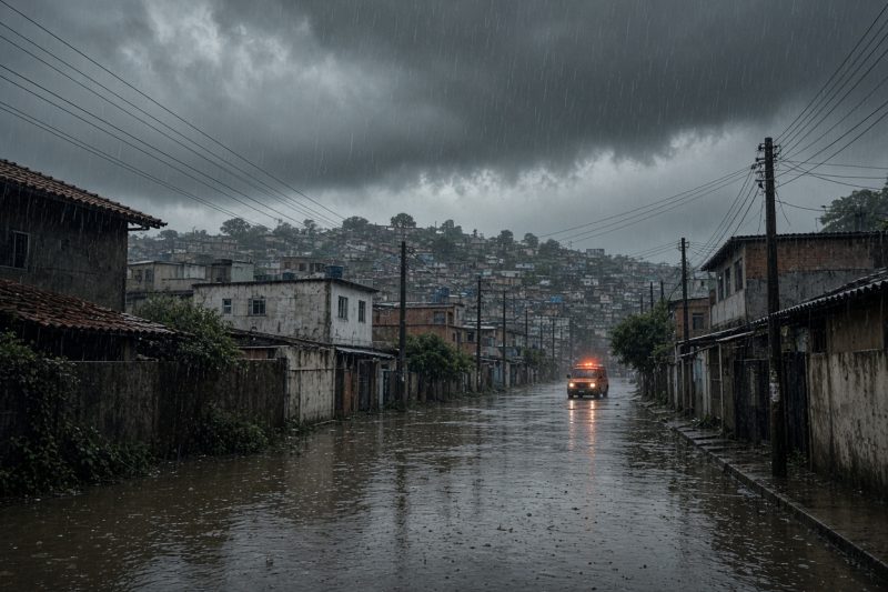 Cidade sob chuva torrencial com ruas alagadas e céu escurecido (imagem ilustrativa)