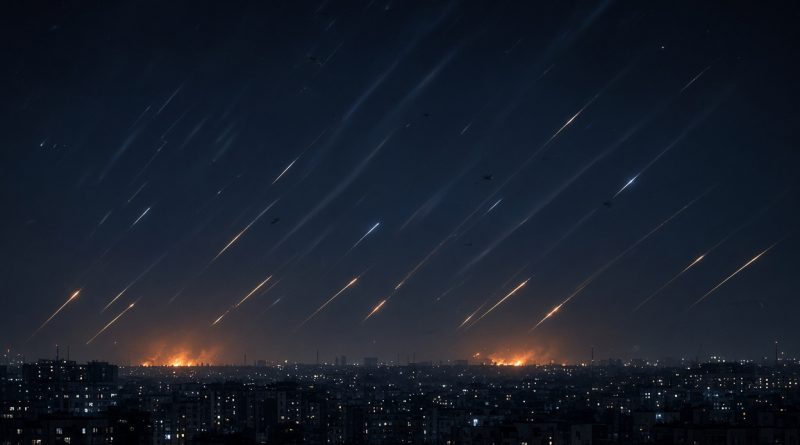 Céu noturno com rastros de drones e explosões ao fundo sobre uma cidade (imagem ilustrativa)