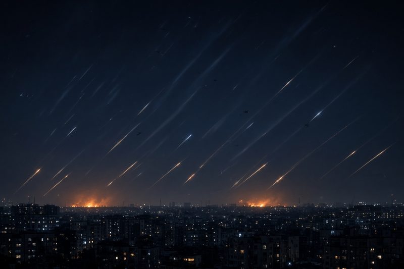 Céu noturno com rastros de drones e explosões ao fundo sobre uma cidade (imagem ilustrativa)