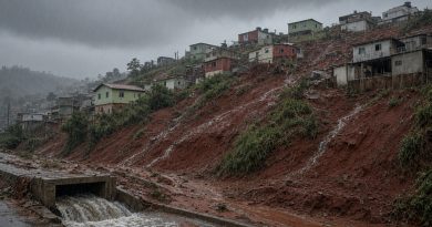 Cidade sob céu carregado com nuvens de chuva e ruas molhadas (imagem ilustrativa)