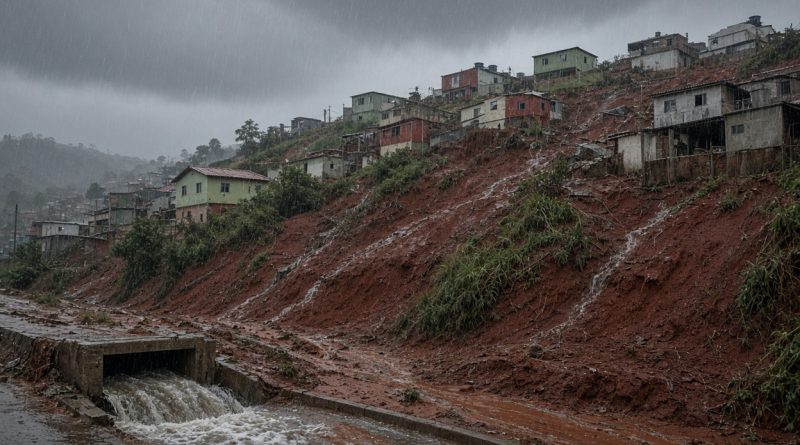 Cidade sob céu carregado com nuvens de chuva e ruas molhadas (imagem ilustrativa)