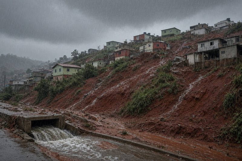 Cidade sob céu carregado com nuvens de chuva e ruas molhadas (imagem ilustrativa)