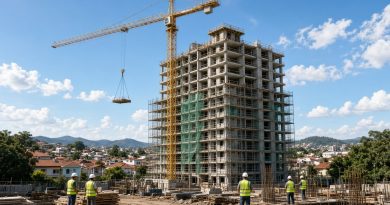 Edificio residencial em construcao com guindaste e trabalhadores em cidade brasileira - imagem ilustrativa