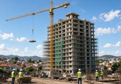 Edificio residencial em construcao com guindaste e trabalhadores em cidade brasileira - imagem ilustrativa
