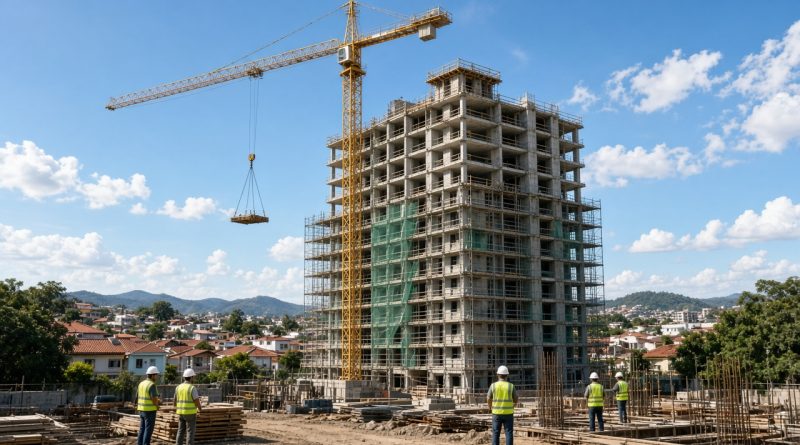 Edificio residencial em construcao com guindaste e trabalhadores em cidade brasileira - imagem ilustrativa