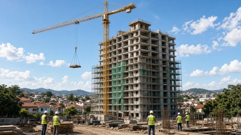 Edificio residencial em construcao com guindaste e trabalhadores em cidade brasileira - imagem ilustrativa