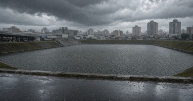 Piscinao de contencao sob chuva - imagem ilustrativa