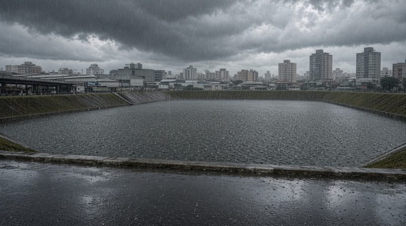 Piscinao de contencao sob chuva - imagem ilustrativa
