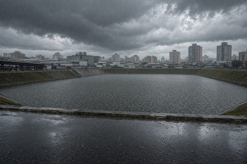 Piscinao de contencao sob chuva - imagem ilustrativa