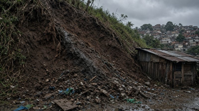Encosta com terra exposta e deslizamento em área urbana após chuva intensa (imagem ilustrativa)