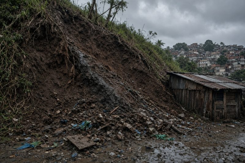 Encosta com terra exposta e deslizamento em área urbana após chuva intensa (imagem ilustrativa)