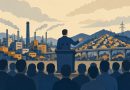 Ilustracao de politico em palco com skyline industrial do Grande ABC (imagem ilustrativa)