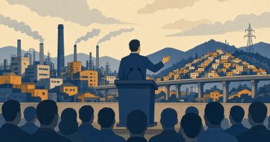 Ilustracao de politico em palco com skyline industrial do Grande ABC (imagem ilustrativa)