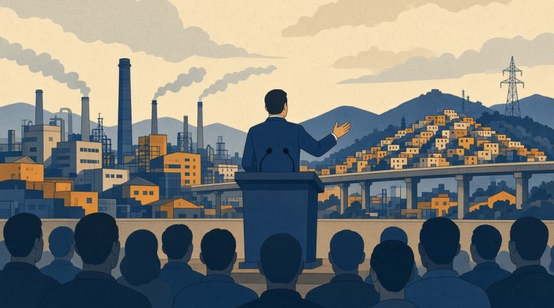Ilustracao de politico em palco com skyline industrial do Grande ABC (imagem ilustrativa)
