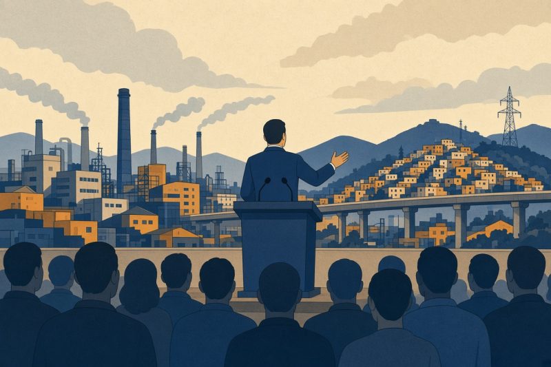 Ilustracao de politico em palco com skyline industrial do Grande ABC (imagem ilustrativa)