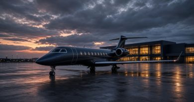 Jato executivo em pátio de aeroporto ao entardecer, imagem ilustrativa
