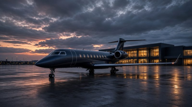 Jato executivo em pátio de aeroporto ao entardecer, imagem ilustrativa