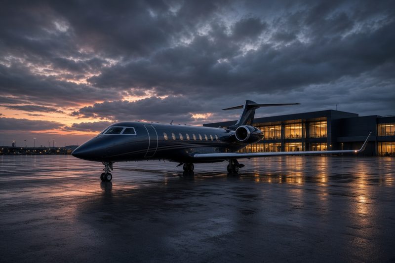 Jato executivo em pátio de aeroporto ao entardecer, imagem ilustrativa