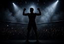 Silhueta de lutador de MMA no octógono com holofotes de arena, imagem ilustrativa