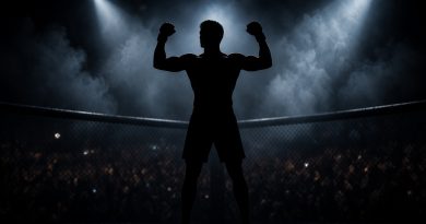Silhueta de lutador de MMA no octógono com holofotes de arena, imagem ilustrativa