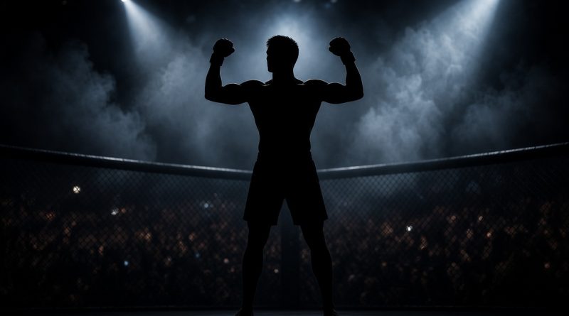 Silhueta de lutador de MMA no octógono com holofotes de arena, imagem ilustrativa