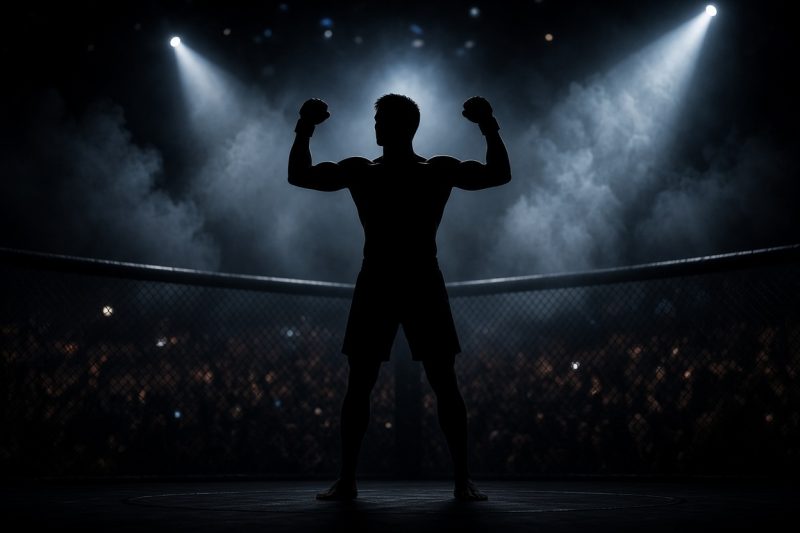 Silhueta de lutador de MMA no octógono com holofotes de arena, imagem ilustrativa
