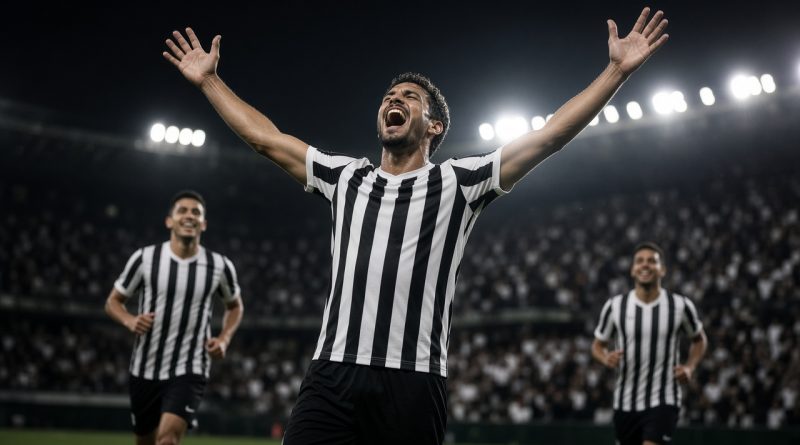 Jogador de futebol comemorando gol a noite em estadio com refletores - imagem ilustrativa