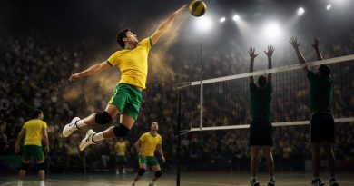 Jogador de volei atacando na rede em ginasio lotado - imagem ilustrativa