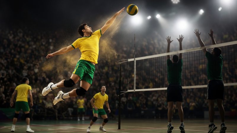 Jogador de volei atacando na rede em ginasio lotado - imagem ilustrativa